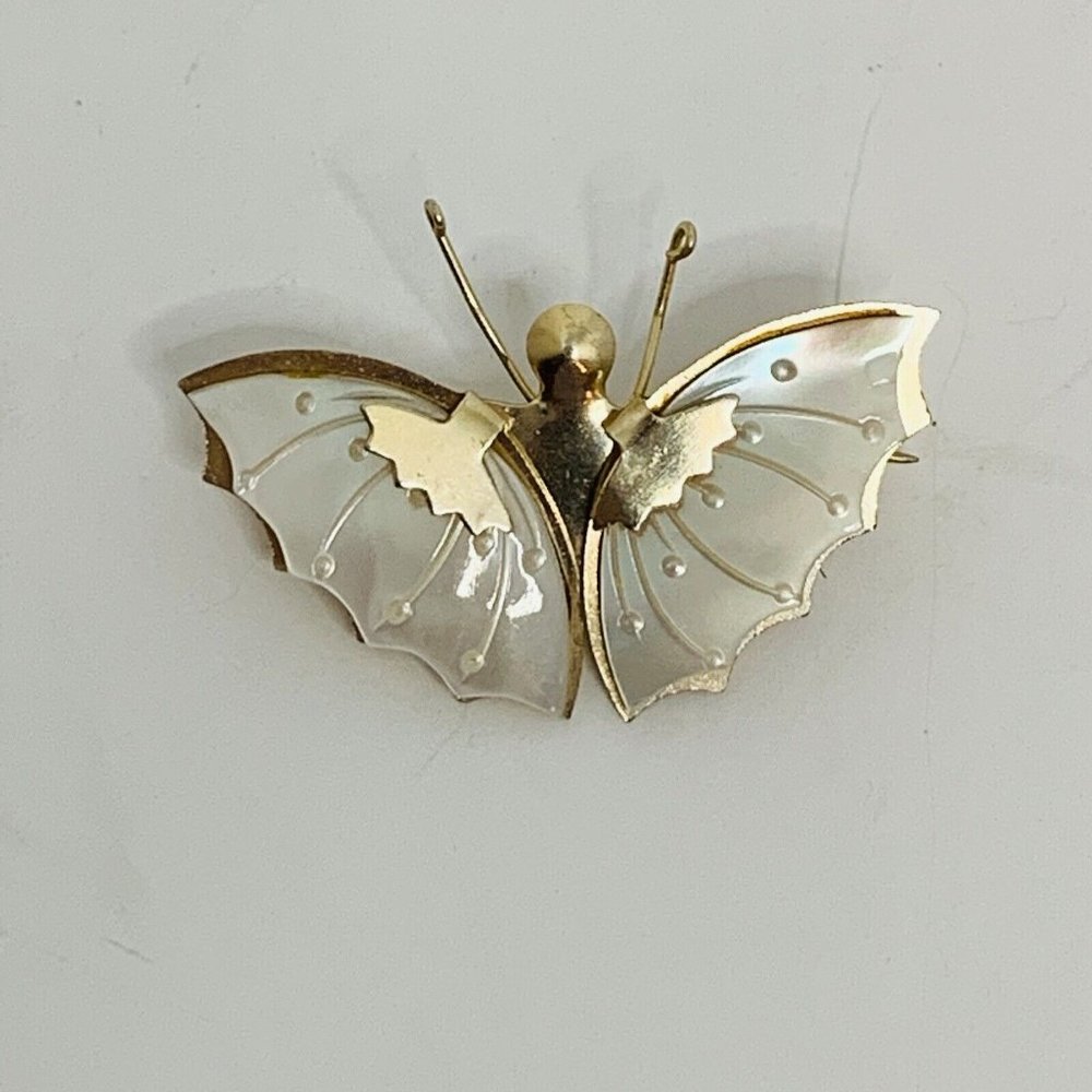 Vintage Antique Gold Tone Mother of Pearl Moth Butterfly Brooch Bouquet Pin